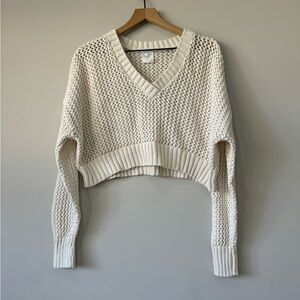 Aerie Offline Cropped V-Neck Open-Knit Sweater Size M